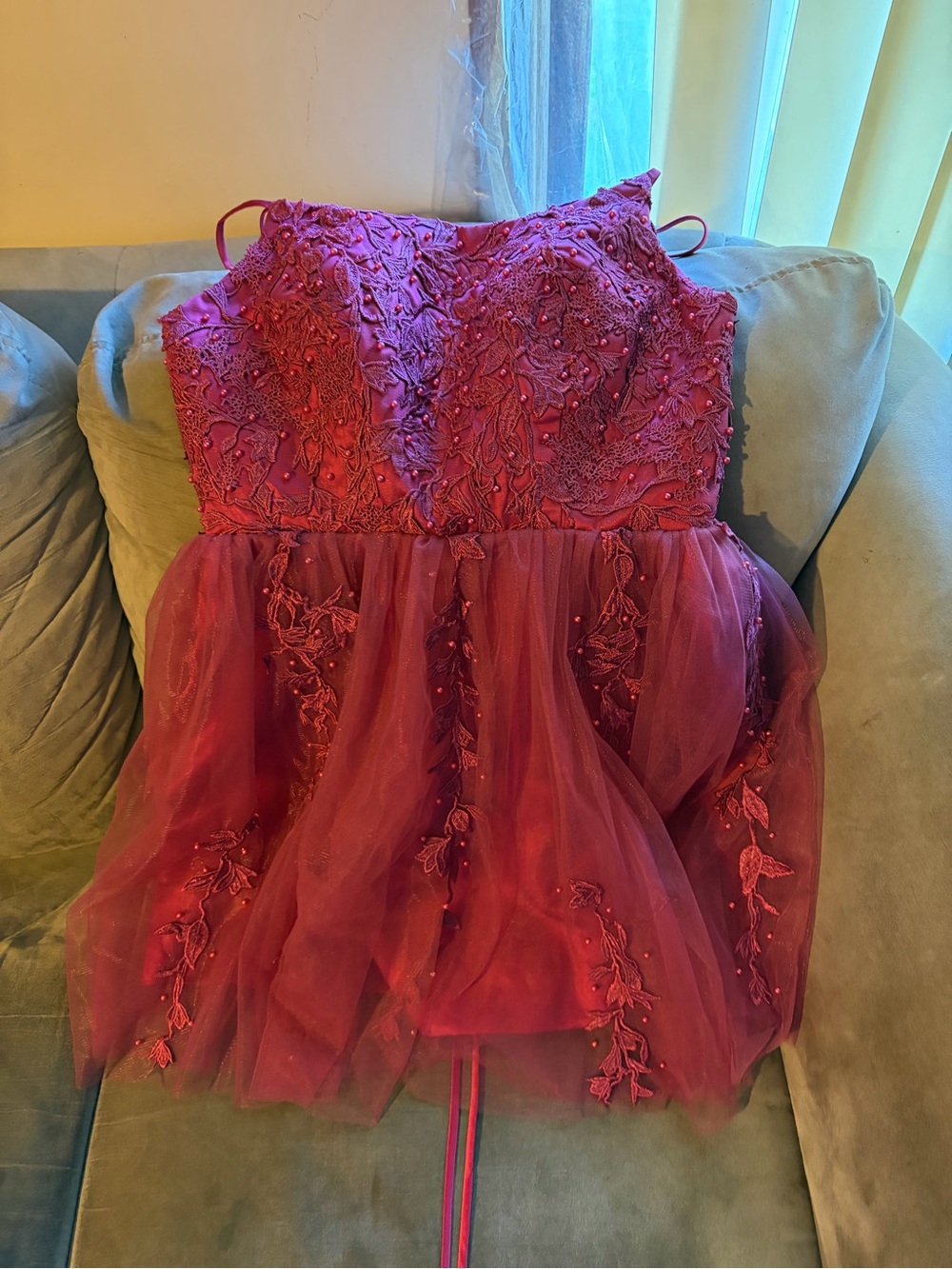 Embroidered Berry Pink Mini Dress with Tulle Skirt
